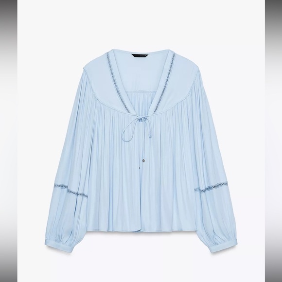 Zara Light Blue Blouse LADDER STITCH FLOWING BLOUSE - Picture 7 of 12